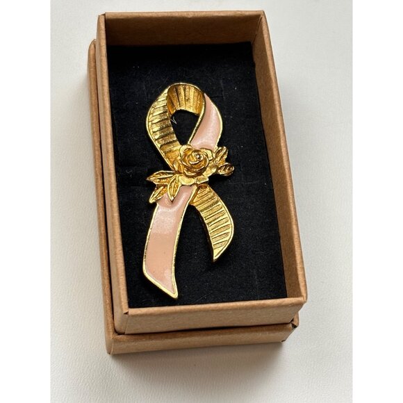 AVON Gold & Pink Awareness Ribbon Pin With Rose In Gift Box - Picture 1 of 5